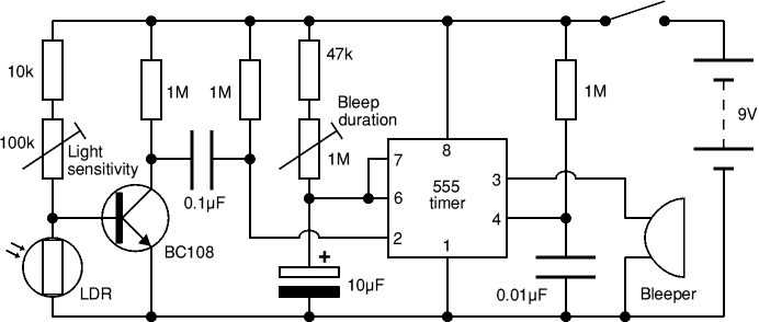 Circuit diagram for light-sensitive alarm