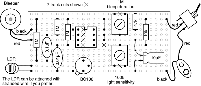 Stripboard layout for light-sensitive alarm