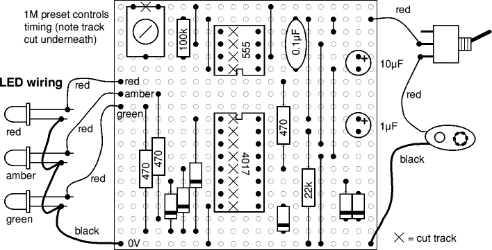 Stripboard layout for traffic light project